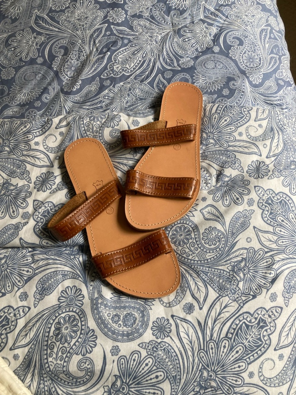 Women's Greek Leather 2 strap slide on sandals NEW